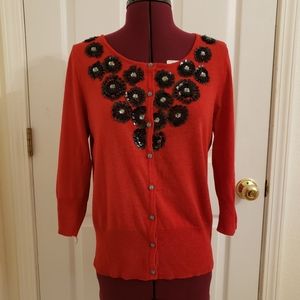Red 3/4 Sleeve Cardigan Sweater with Sequin Accents, Size M